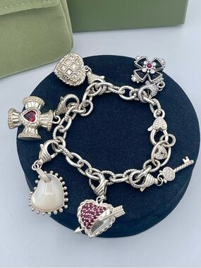 Judith Ripka Sterling Silver 925 Charm Bracelet Heart Key Ruby Garnet Heavy 71g